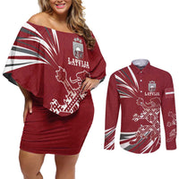 Latvia Couples Matching Off Shoulder Short Dress and Long Sleeve Button Shirt Latvian Lion Traditional Pattern
