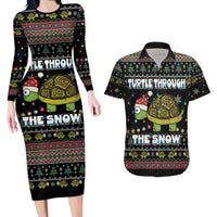 Turtle Through The Snow Christmas Couples Matching Long Sleeve Bodycon Dress and Hawaiian Shirt - Wonder Print Shop