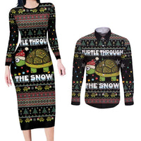 Turtle Through The Snow Christmas Couples Matching Long Sleeve Bodycon Dress and Long Sleeve Button Shirt - Wonder Print Shop