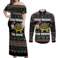 Turtle Through The Snow Christmas Couples Matching Off Shoulder Maxi Dress and Long Sleeve Button Shirt - Wonder Print Shop