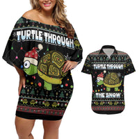 Turtle Through The Snow Christmas Couples Matching Off Shoulder Short Dress and Hawaiian Shirt - Wonder Print Shop