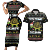 Turtle Through The Snow Christmas Couples Matching Short Sleeve Bodycon Dress and Hawaiian Shirt - Wonder Print Shop
