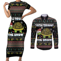 Turtle Through The Snow Christmas Couples Matching Short Sleeve Bodycon Dress and Long Sleeve Button Shirt - Wonder Print Shop