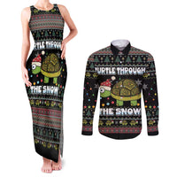 Turtle Through The Snow Christmas Couples Matching Tank Maxi Dress and Long Sleeve Button Shirt - Wonder Print Shop