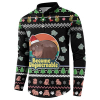 Christmas Become Ungovernable Moo Deng Button Sweatshirt Humor Cute Baby Hippo Joke - Wonder Print Shop