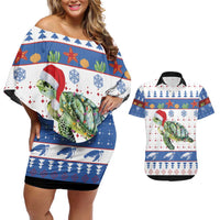 Turtle Xmas Couples Matching Off Shoulder Short Dress and Hawaiian Shirt Green Sea Turtle Merry Christmas - Wonder Print Shop