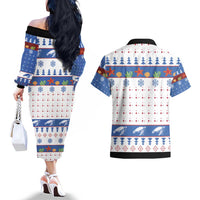 Turtle Xmas Couples Matching Off The Shoulder Long Sleeve Dress and Hawaiian Shirt Green Sea Turtle Merry Christmas - Wonder Print Shop