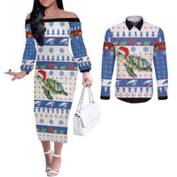Turtle Xmas Couples Matching Off The Shoulder Long Sleeve Dress and Long Sleeve Button Shirt Green Sea Turtle Merry Christmas