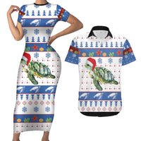 Turtle Xmas Couples Matching Short Sleeve Bodycon Dress and Hawaiian Shirt Green Sea Turtle Merry Christmas - Wonder Print Shop