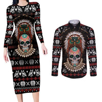 Warrior Of Indian Skull Couples Matching Long Sleeve Bodycon Dress and Long Sleeve Button Shirt Native American - Wonder Print Shop