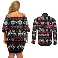 Warrior Of Indian Skull Couples Matching Off Shoulder Short Dress and Long Sleeve Button Shirt Native American - Wonder Print Shop