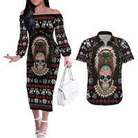 Warrior Of Indian Skull Couples Matching Off The Shoulder Long Sleeve Dress and Hawaiian Shirt Native American - Wonder Print Shop
