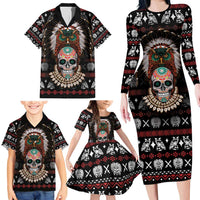 Warrior Of Indian Skull Family Matching Long Sleeve Bodycon Dress and Hawaiian Shirt Native American - Wonder Print Shop