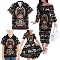 Warrior Of Indian Skull Family Matching Off The Shoulder Long Sleeve Dress and Hawaiian Shirt Native American - Wonder Print Shop