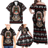 Warrior Of Indian Skull Family Matching Off Shoulder Maxi Dress and Hawaiian Shirt Native American - Wonder Print Shop