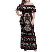 Warrior Of Indian Skull Family Matching Off Shoulder Maxi Dress and Hawaiian Shirt Native American - Wonder Print Shop