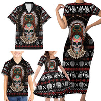 Warrior Of Indian Skull Family Matching Short Sleeve Bodycon Dress and Hawaiian Shirt Native American - Wonder Print Shop