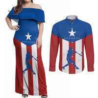 Puerto Rican Baseball Couples Matching Off Shoulder Maxi Dress and Long Sleeve Button Shirt Boricua Flag Sports
