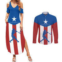 Puerto Rican Baseball Couples Matching Summer Maxi Dress and Long Sleeve Button Shirt Boricua Flag Sports