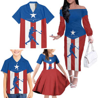 Puerto Rican Baseball Family Matching Off The Shoulder Long Sleeve Dress and Hawaiian Shirt Boricua Flag Sports