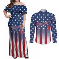 Personalized Team Name American Couples Matching Off Shoulder Maxi Dress and Long Sleeve Button Shirt USA Flag Fashion Sports