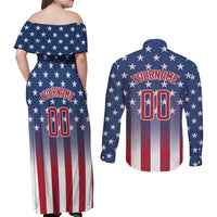 Personalized Team Name American Couples Matching Off Shoulder Maxi Dress and Long Sleeve Button Shirt USA Flag Fashion Sports