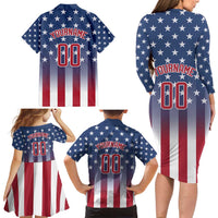 Personalized Team Name American Family Matching Long Sleeve Bodycon Dress and Hawaiian Shirt USA Flag Fashion Sports