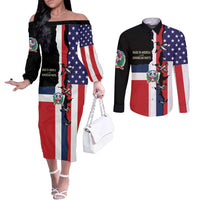 Dominican Republic Couples Matching Off The Shoulder Long Sleeve Dress and Long Sleeve Button Shirt Made In America with Dominican Parts DT03