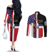 Dominican Republic Couples Matching Off The Shoulder Long Sleeve Dress and Long Sleeve Button Shirt Made In America with Dominican Parts DT03