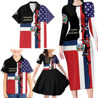 Dominican Republic Family Matching Long Sleeve Bodycon Dress and Hawaiian Shirt Made In America with Dominican Parts DT03