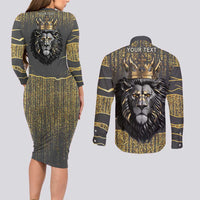 Personalized Black and Gold Lion Couples Matching Long Sleeve Bodycon Dress and Long Sleeve Button Shirt King Africa - Wonder Print Shop