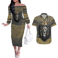 Personalized Black and Gold Lion Couples Matching Off The Shoulder Long Sleeve Dress and Hawaiian Shirt King Africa - Wonder Print Shop