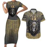 Personalized Black and Gold Lion Couples Matching Short Sleeve Bodycon Dress and Hawaiian Shirt King Africa - Wonder Print Shop