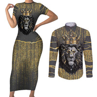 Personalized Black and Gold Lion Couples Matching Short Sleeve Bodycon Dress and Long Sleeve Button Shirt King Africa - Wonder Print Shop