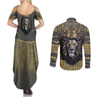 Personalized Black and Gold Lion Couples Matching Summer Maxi Dress and Long Sleeve Button Shirt King Africa - Wonder Print Shop