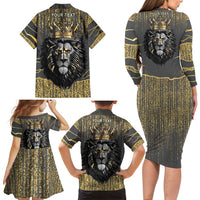 Personalized Black and Gold Lion Family Matching Long Sleeve Bodycon Dress and Hawaiian Shirt King Africa - Wonder Print Shop