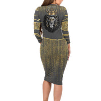 Personalized Black and Gold Lion Family Matching Long Sleeve Bodycon Dress and Hawaiian Shirt King Africa - Wonder Print Shop