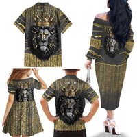 Personalized Black and Gold Lion Family Matching Off The Shoulder Long Sleeve Dress and Hawaiian Shirt King Africa - Wonder Print Shop