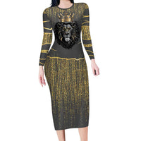 Personalized Black and Gold Lion Long Sleeve Bodycon Dress King Africa - Wonder Print Shop