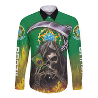 Brazil Hoodie Long Sleeve Button Shirt Brazil Reaper Skull Fire - Wonder Print Shop