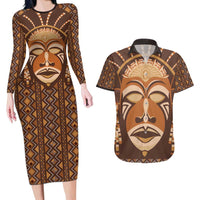 African Mask Printed Mudcloth Couples Matching Long Sleeve Bodycon Dress and Hawaiian Shirt - Wonder Print Shop