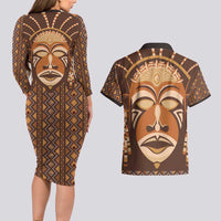 African Mask Printed Mudcloth Couples Matching Long Sleeve Bodycon Dress and Hawaiian Shirt - Wonder Print Shop