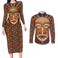 African Mask Printed Mudcloth Couples Matching Long Sleeve Bodycon Dress and Long Sleeve Button Shirt - Wonder Print Shop