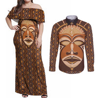 African Mask Printed Mudcloth Couples Matching Off Shoulder Maxi Dress and Long Sleeve Button Shirt - Wonder Print Shop