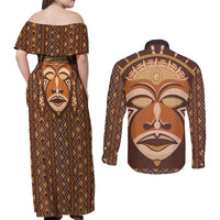 African Mask Printed Mudcloth Couples Matching Off Shoulder Maxi Dress and Long Sleeve Button Shirt - Wonder Print Shop