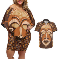 African Mask Printed Mudcloth Couples Matching Off Shoulder Short Dress and Hawaiian Shirt - Wonder Print Shop