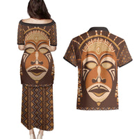 African Mask Printed Mudcloth Couples Matching Puletasi and Hawaiian Shirt - Wonder Print Shop