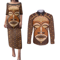 African Mask Printed Mudcloth Couples Matching Puletasi and Long Sleeve Button Shirt - Wonder Print Shop