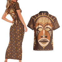 African Mask Printed Mudcloth Couples Matching Short Sleeve Bodycon Dress and Hawaiian Shirt - Wonder Print Shop
