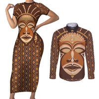 African Mask Printed Mudcloth Couples Matching Short Sleeve Bodycon Dress and Long Sleeve Button Shirt - Wonder Print Shop